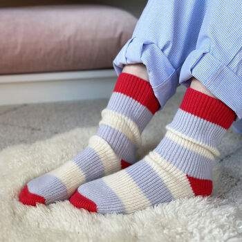 100% Cashmere Bold Light Blue Stripe Socks, 3 of 10