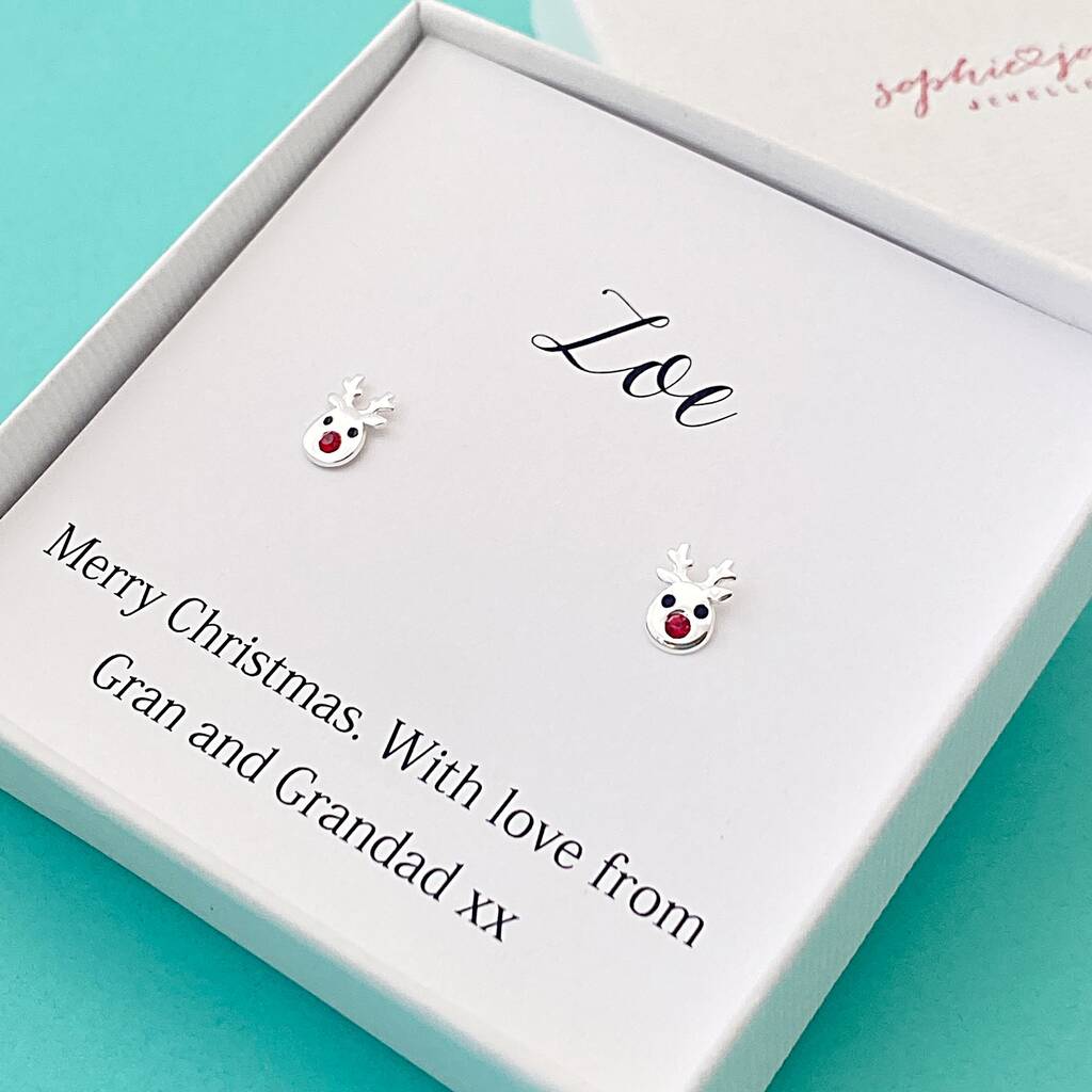 Personalised Sterling Silver Rudolph Reindeer Christmas Earrings, 1 of 3