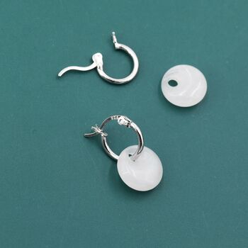 Sterling Silver Genuine White Jade Donut Huggie Hoop Earrings, 3 of 11