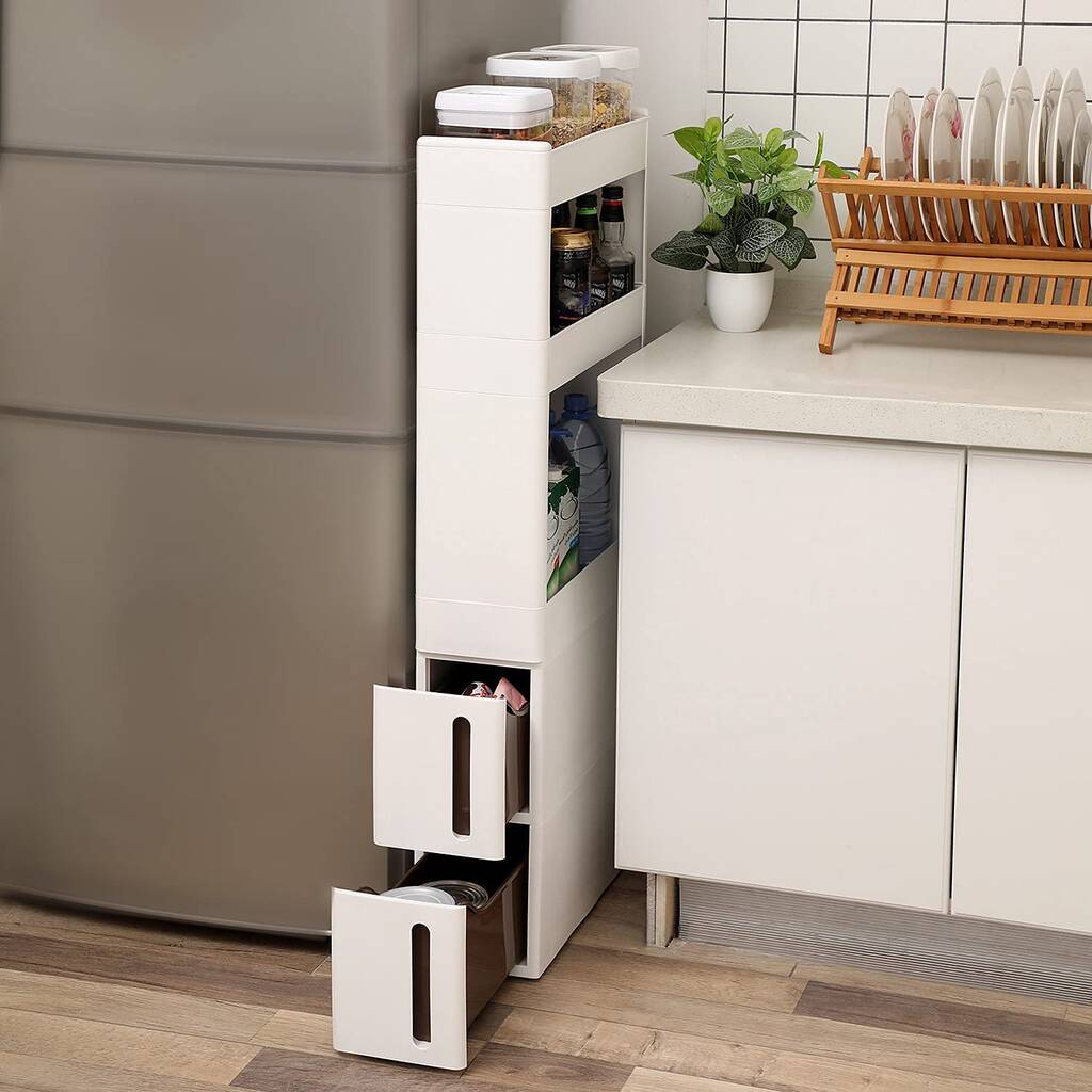 Narrow White Shelves Drawers Recess Cabinet With Wheels By Momentum ...
