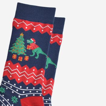 Men's Bamboo Socks T Rex Christmas Tree Navy, 3 of 5