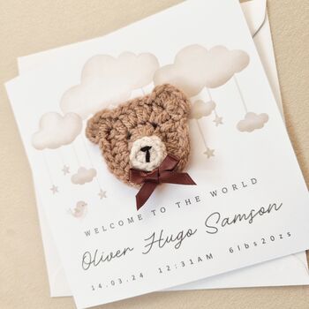 Personalised Cute Crochet Bear New Baby Card, 2 of 8
