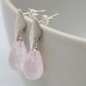 Silver Deco Dropper Earrings With Rose Quartz, 3 of 8