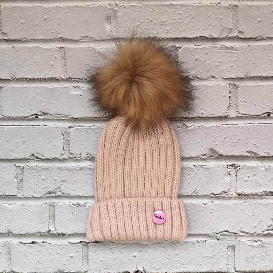 cream beanie hat with removable faux fur pom pom by frankie mini
