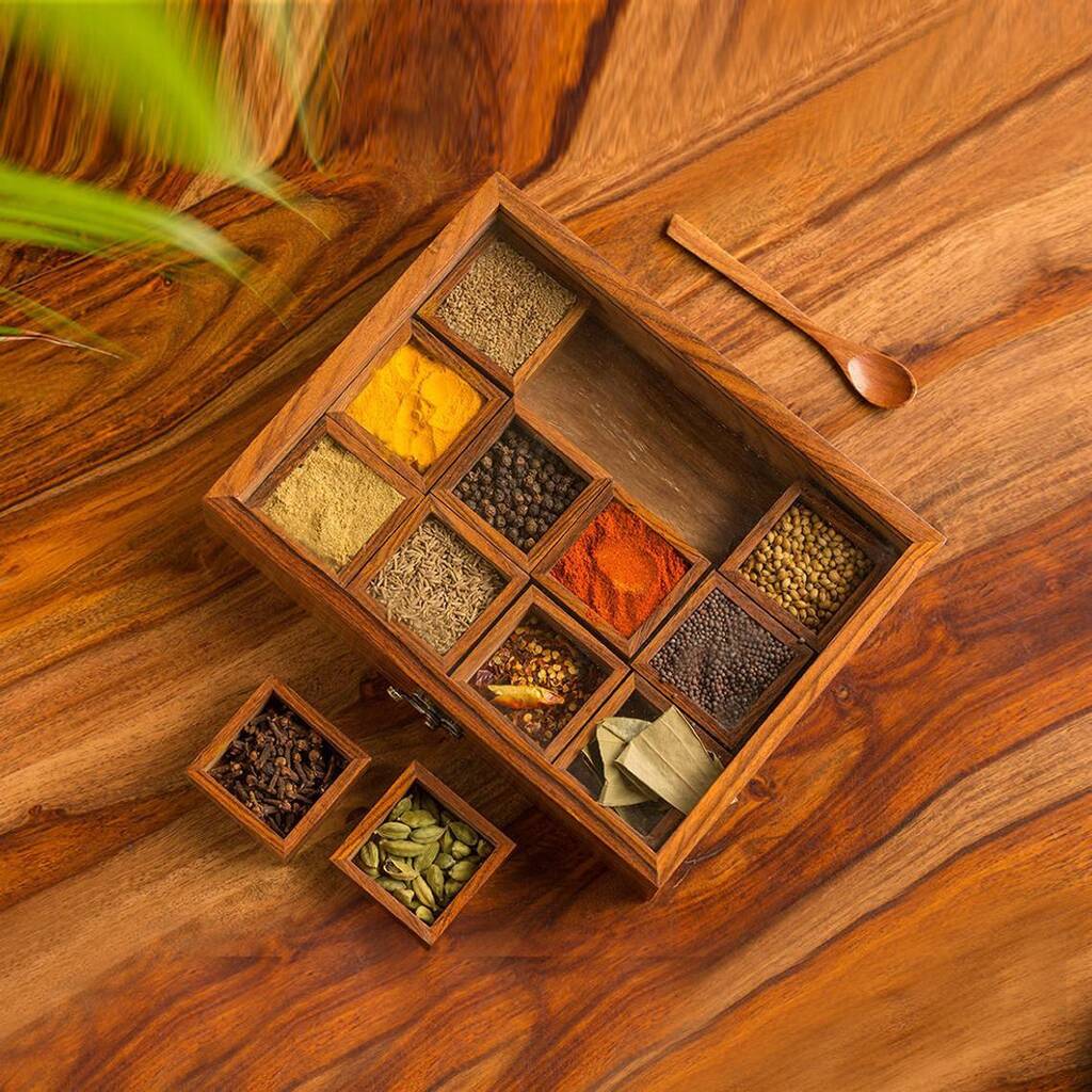 Wooden Handcrafted Spice Box 12 Square Compartments, 1 of 3
