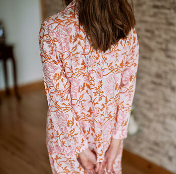 Orange And Pink Organic Floral Block Printed Pyjamas, 2 of 9