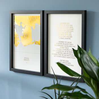 Golden Wedding Prints Set With Foiled Map And Vows, 2 of 8