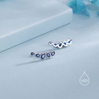 Sterling Silver Sapphire Blue Droplet Cz Cluster Crawler Earrings, 6 of 12