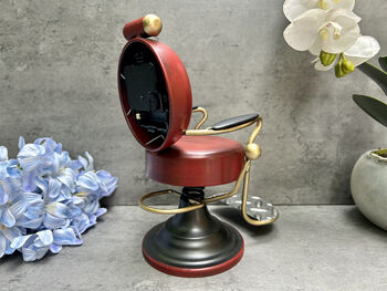 Barber’s Chair Table Clock – Red And Black Metal Ornament, 5 of 12