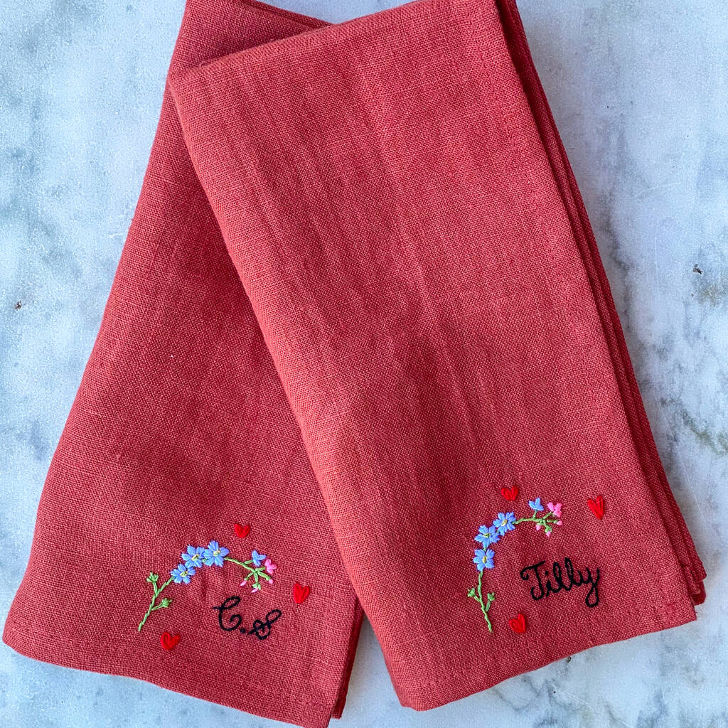 Personalised Forget Me Not Embroidered Linen Napkins, 1 of 4
