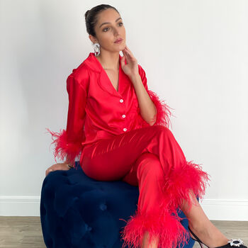 Luxury Red Feather Silky Pyjama Set, 2 of 8