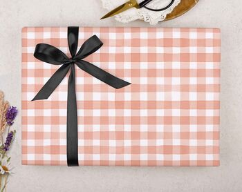 Three Sheets Of Peach Gingham Wrapping Paper, 2 of 2