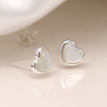 Sterling Silver Mother Of Pearl Heart Stud Earrings, 2 of 8