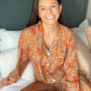 Handmade Silk Pyjamas Long Sleeve Orange Paisley, 6 of 12
