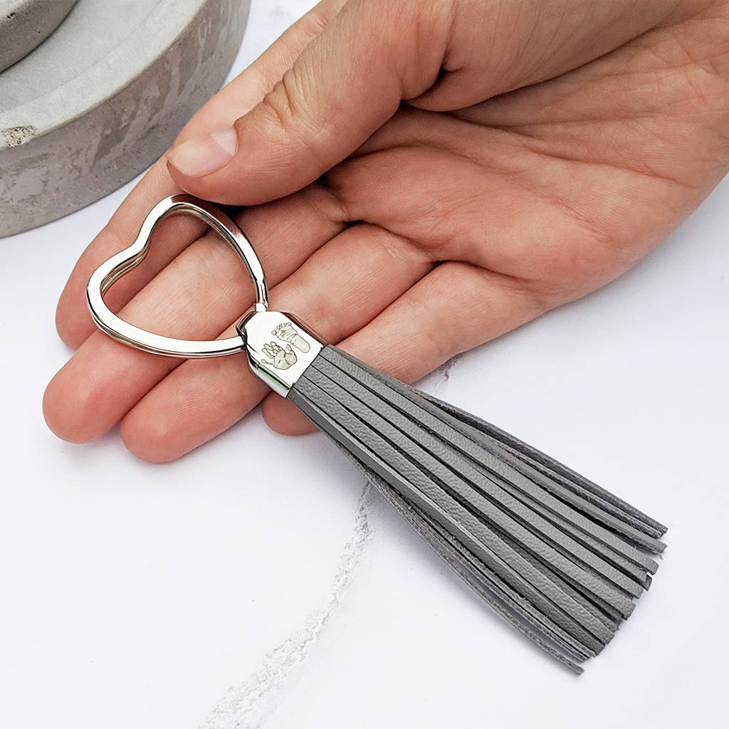 Image of Hand And Footprint Leather Tassel Heart Keyring