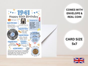 85th Birthday Card With 1941 Coin And Envelope Choose Your Colour, 2 of 3