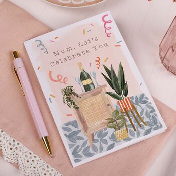 Champagne Happy Birthday Card For Mum With Plants And Streamers, 2 of 2