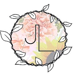 Jen Lithgo Logo - initials JL wrapped in a leaf braided wreath with flowers in the background
