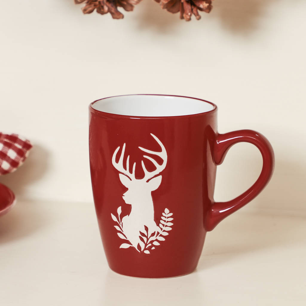 Festive Red And White Reindeer Mugs By Dibor