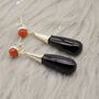 Black Onyx, Red Coral Silver Earrings, thumbnail 2 of 6