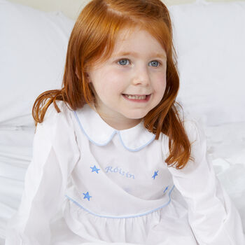 Personalised Girl's Cotton Blue Star Dress Long Sleeve, 3 of 4