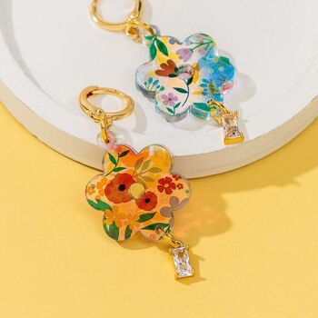 18 K Gold Plated Huggie Earrings With Iridescent Summer Flowers And A Hanging Gemstone, 7 of 9