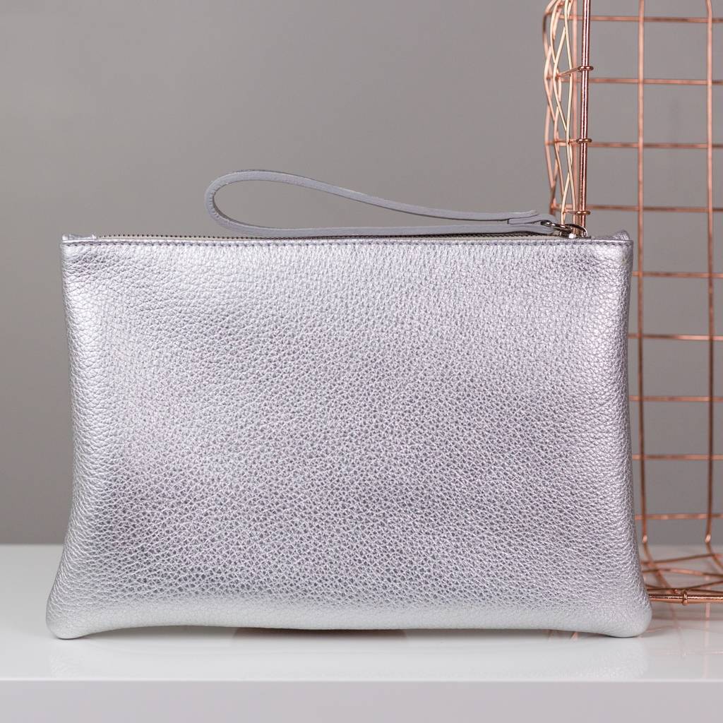 personalised metallic leather clutch with satin lining by pepper alley