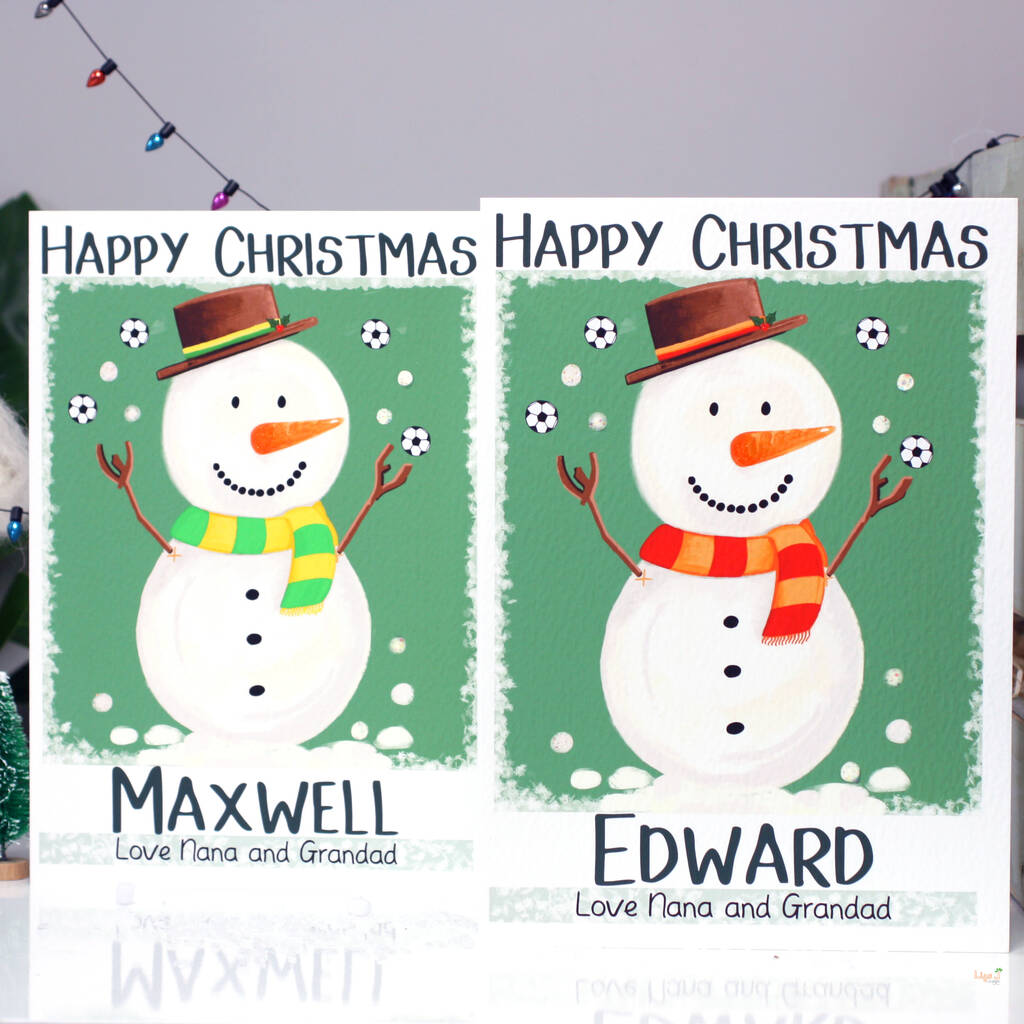 Grandchildren Snowman Football Christmas Card, 1 of 8