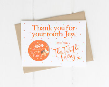 Personalised Tooth Fairy Card And Badge Orange, 6 of 7