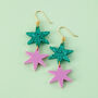 Star Dangle Earrings In Emerald Glitter Acrylic, thumbnail 1 of 4