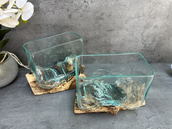 16cm Molten Glass Square Bowl On Teak Root Base, 10 of 12