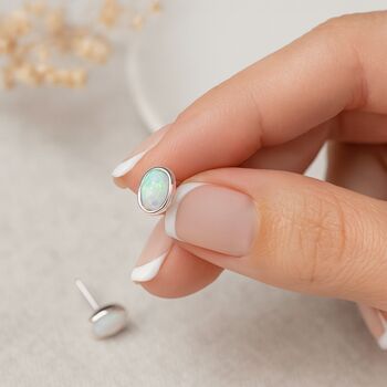Oval Sterling Silver White Opal Stud Earrings – 6mm X 4mm, 3 of 9
