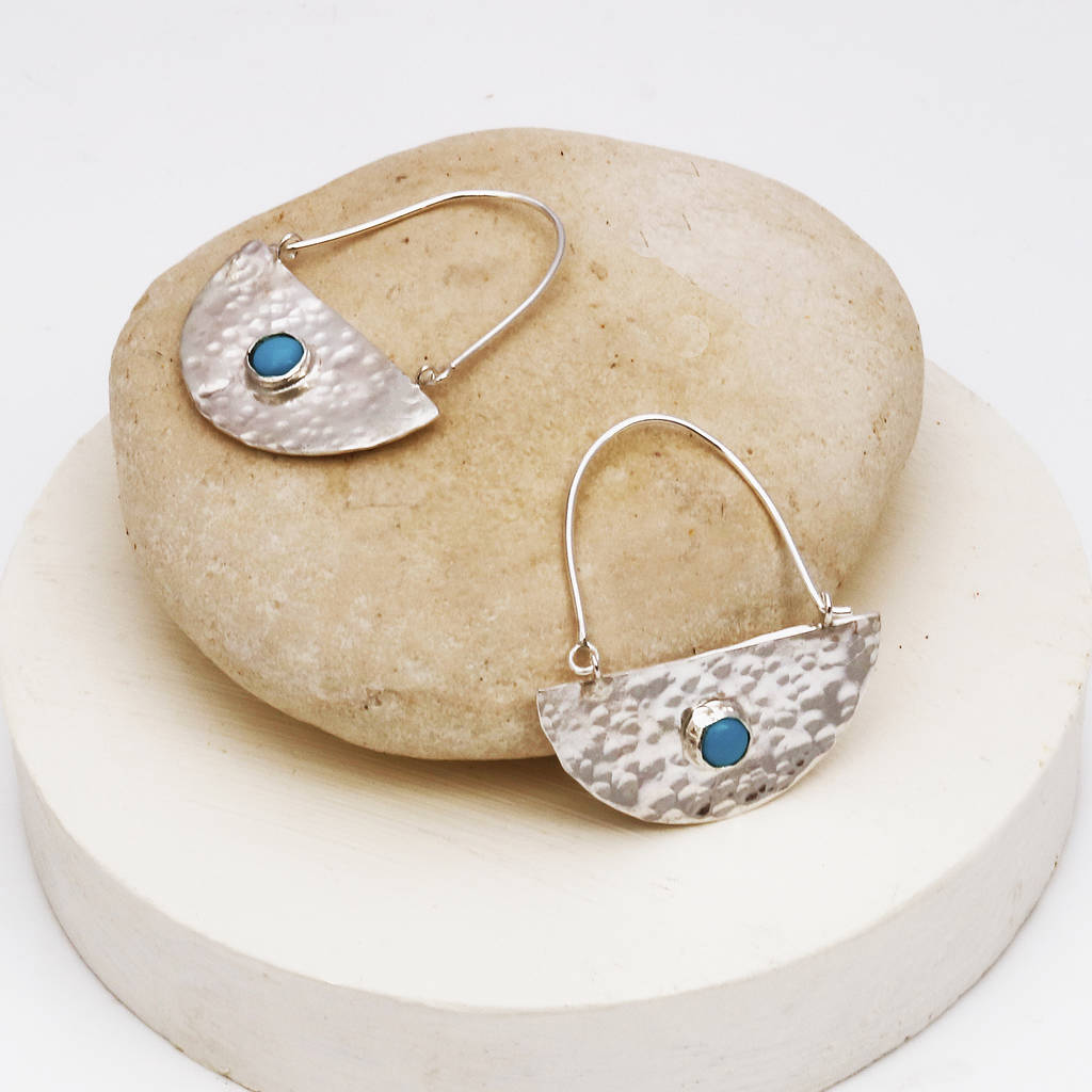 Silver Semi Circle Boho Earrings With Turquoise, 1 of 2