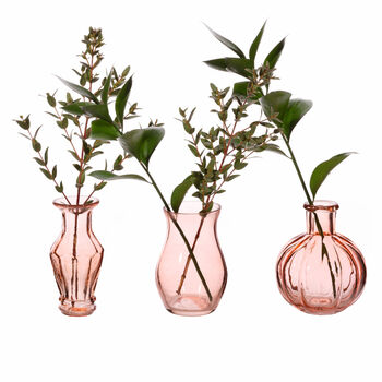 Set Of Three Coral Pink Glass Retro Vases, 3 of 4