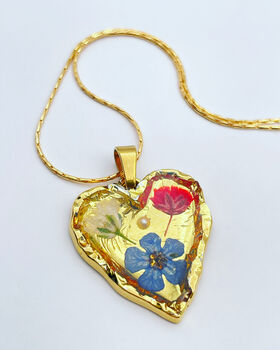 Real Blue Red Flowers Pendant Gold Leaf Necklace Hand Made, 5 of 10