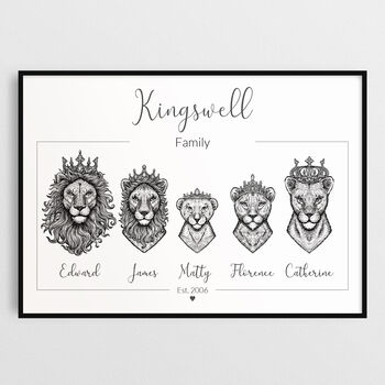Personalised Animal Family Portrait Print Royal Lion Family, 4 of 11