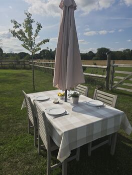 Neutral Gingham Outdoor Tablecloth With Parasol Hole, 3 of 5