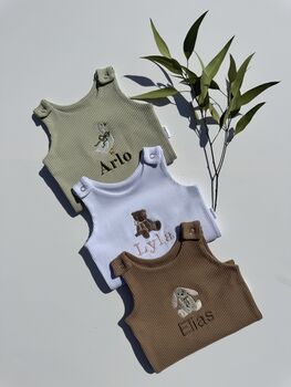 Safari Personalised Baby Dungarees Romper | Personalized Gift Lion, Unicorn, Giraffe, Cow, Sheep, Bunny, Teddy Or Goose, 2 of 8