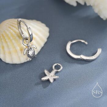 Sterling Silver Mismatched Sea Turtle And Starfish Huggie Hoops, 5 of 12
