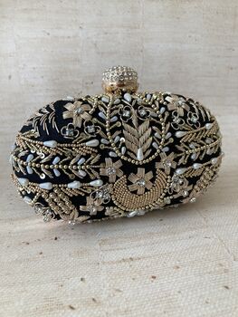 Black Handcrafted Embroidered Oval Clutch Bag, 3 of 6