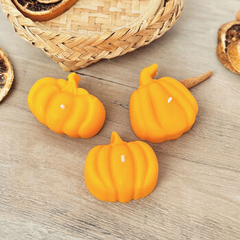 Orange Pumpkin Tea Light Set Of Three Autumn Candles, 2 of 10