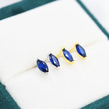 Sterling Silver Marquise Sapphire Blue Stud Earrings, 2 of 12
