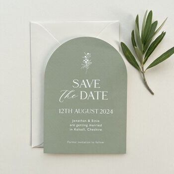 Olive Arch Shaped Wedding Save The Date Cards, 3 of 5