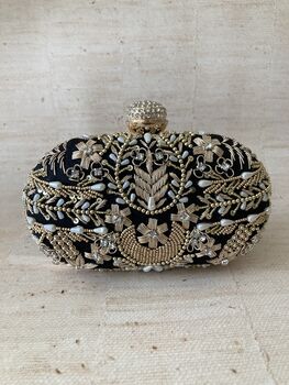 Black Handcrafted Embroidered Oval Clutch Bag, 5 of 6