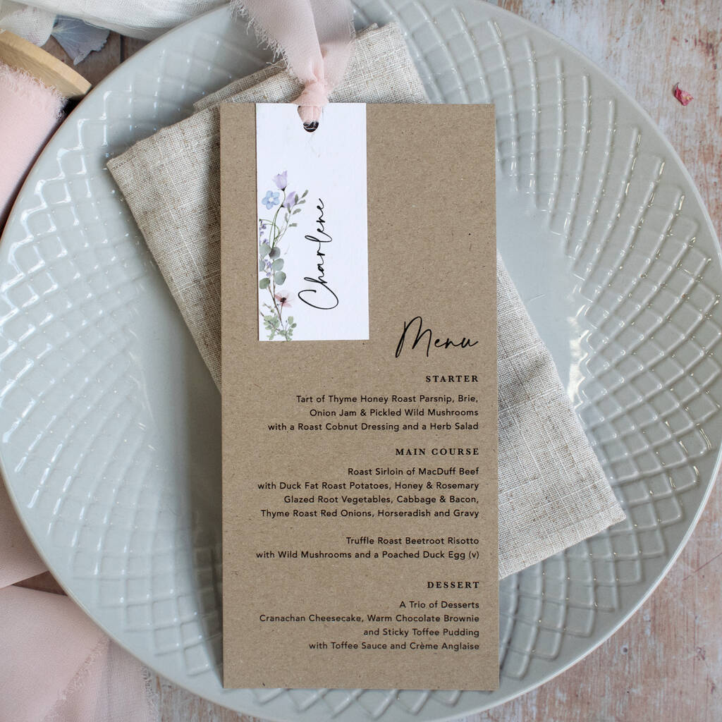 Periwinkle Kraft Wedding Menu Cards With Guest Name Tags And Ribbon, 1 of 7