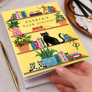Personalised Notebook With Cat On Bookcase Yellow, 2 of 4