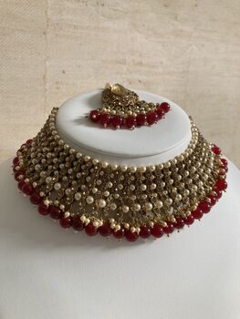 Indian Gold Plated Maroon Pearl Choker Set, 2 of 7