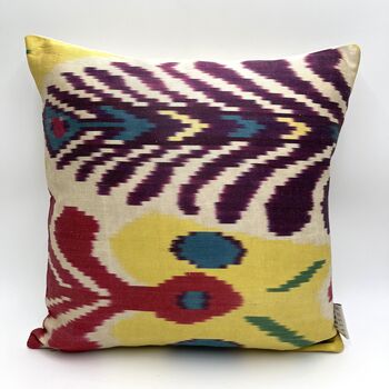 Square Ikat Silk Cushion Yellow And Purple Abstract, 6 of 7