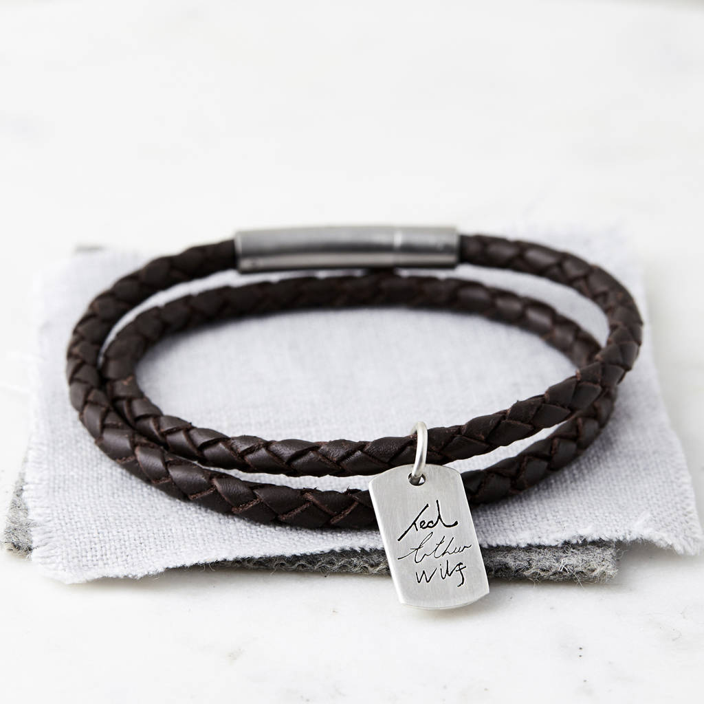 Mens Silver And Leather Handwriting Signature Bracelet, 1 of 4