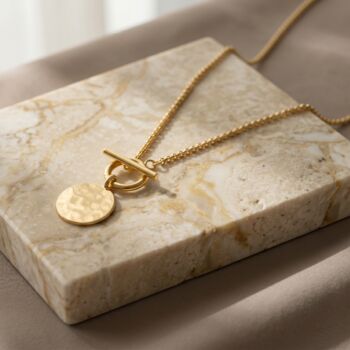 T Bar And Molten Disc 18k Gold Plated Necklace, 2 of 4